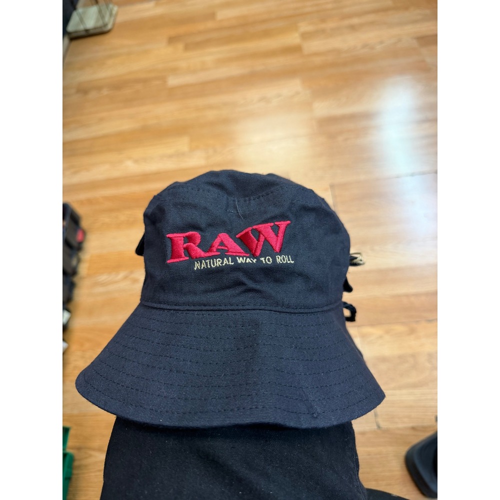 RAW Smokerman's Bucket Hat Black Embroidered Logo with Side Pockets Size Medium
